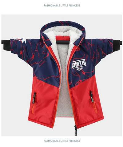 Ziemas plīša smags mētelis zēniem Bērnu virsdrēbes Rudens flīsa virsdrēbes ar kapuci Bērnu vētras jaka zēniem Pusaudžu vējjaka