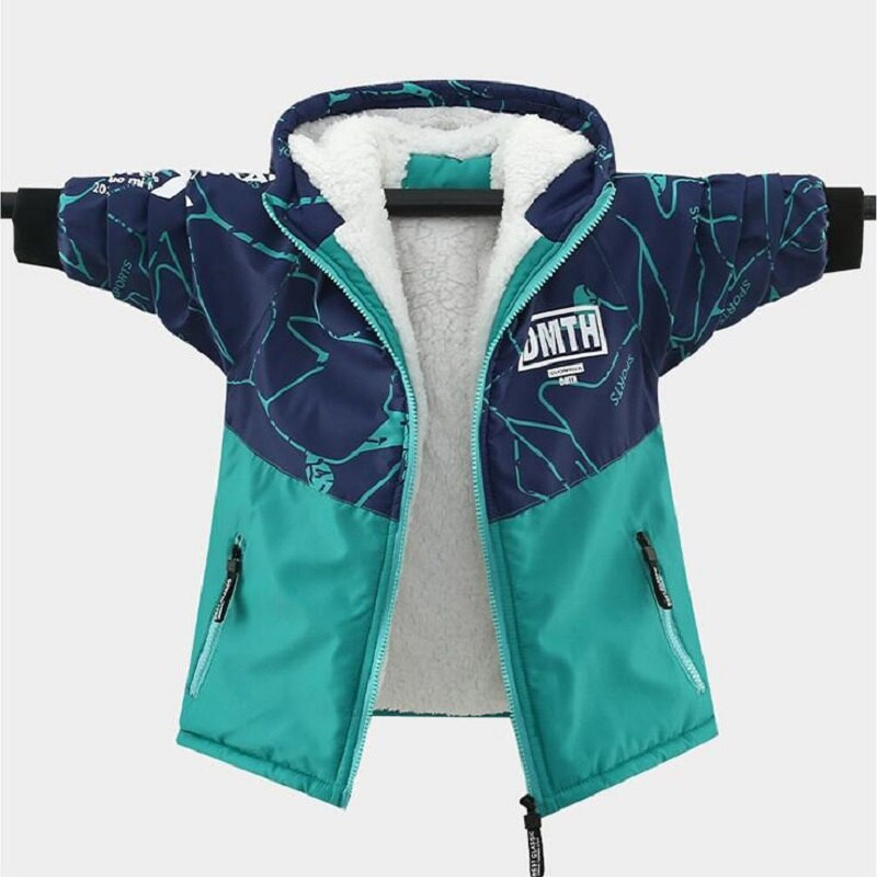 Ziemas plīša smags mētelis zēniem Bērnu virsdrēbes Rudens flīsa virsdrēbes ar kapuci Bērnu vētras jaka zēniem Pusaudžu vējjaka