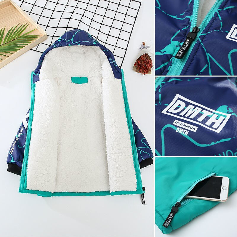 Ziemas plīša smags mētelis zēniem Bērnu virsdrēbes Rudens flīsa virsdrēbes ar kapuci Bērnu vētras jaka zēniem Pusaudžu vējjaka