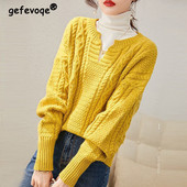 Jesen Zima Novi ženski modni žuti slatki v-izrez dugih rukava uvrnutih debelih pletenih džempera Ležerni pulover Topi Džemperi