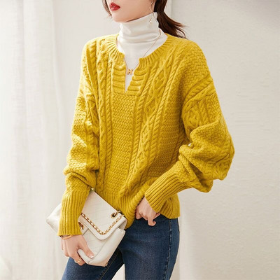 Jesen Zima Novi ženski modni žuti slatki v-izrez dugih rukava uvrnutih debelih pletenih džempera Ležerni pulover Topi Džemperi
