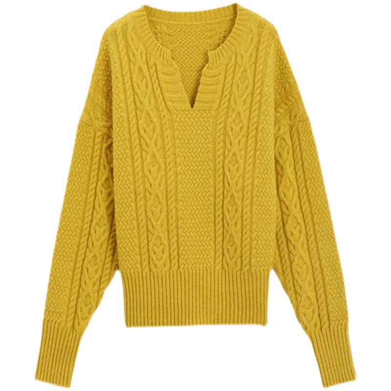 Jesen Zima Novi ženski modni žuti slatki v-izrez dugih rukava uvrnutih debelih pletenih džempera Ležerni pulover Topi Džemperi