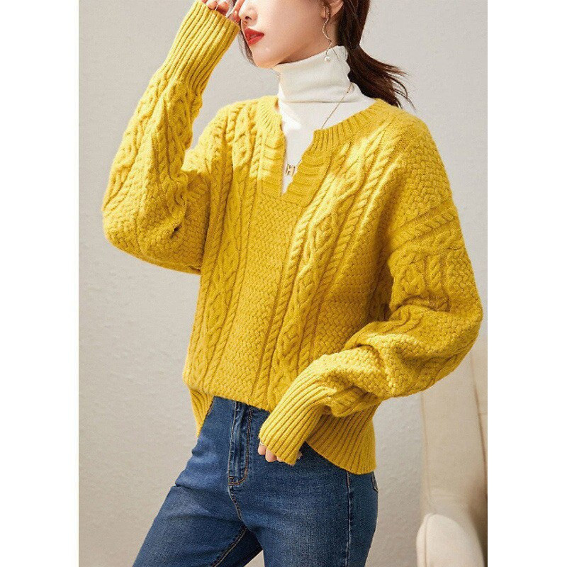 Jesen Zima Novi ženski modni žuti slatki v-izrez dugih rukava uvrnutih debelih pletenih džempera Ležerni pulover Topi Džemperi