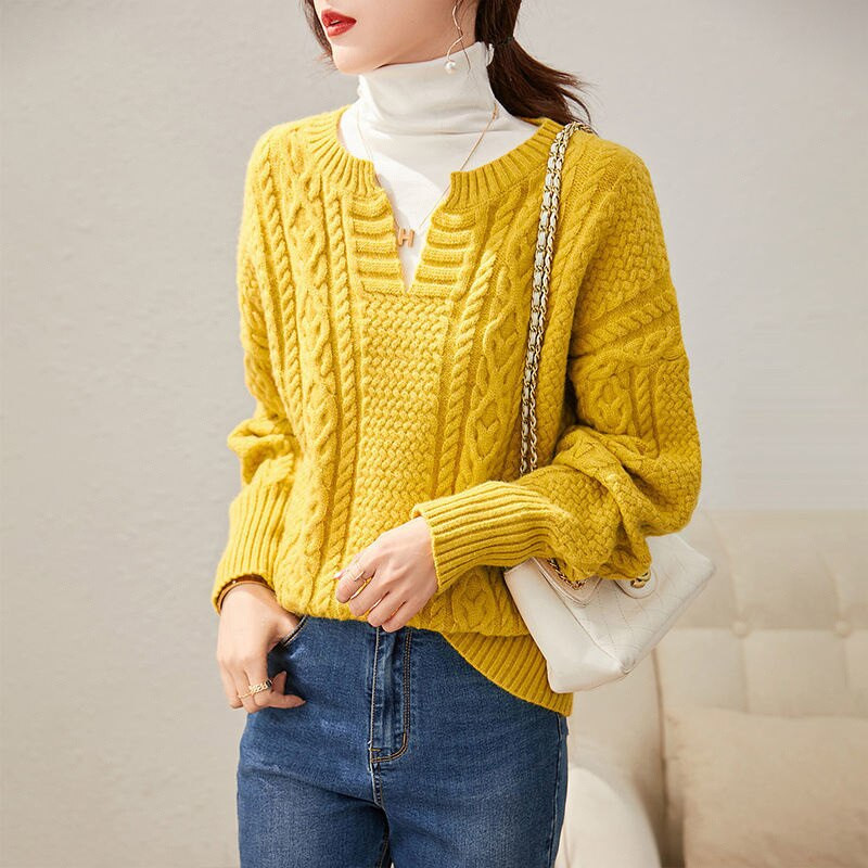 Jesen Zima Novi ženski modni žuti slatki v-izrez dugih rukava uvrnutih debelih pletenih džempera Ležerni pulover Topi Džemperi