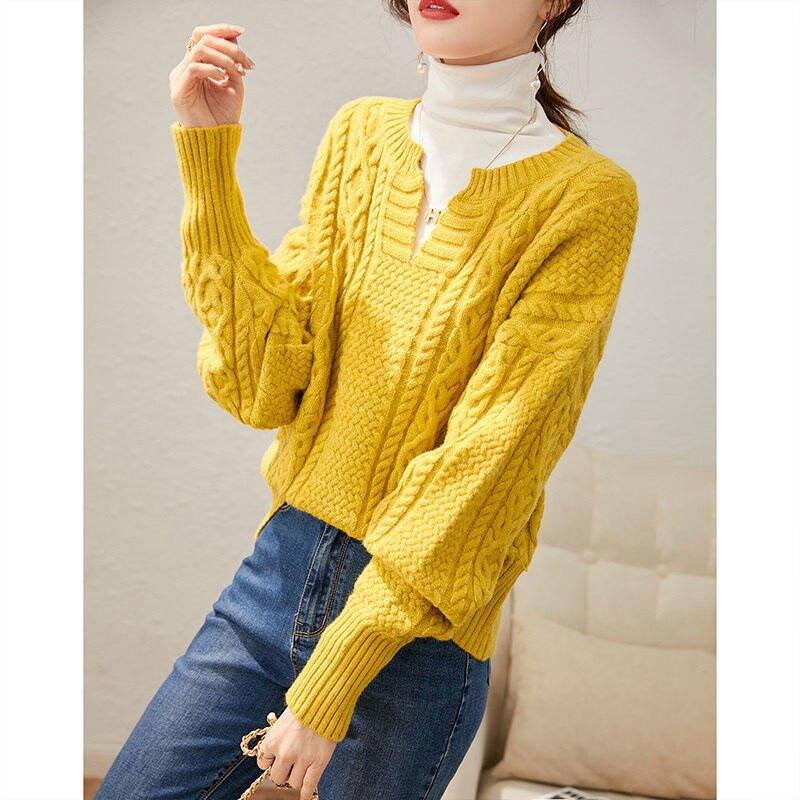 Jesen Zima Novi ženski modni žuti slatki v-izrez dugih rukava uvrnutih debelih pletenih džempera Ležerni pulover Topi Džemperi