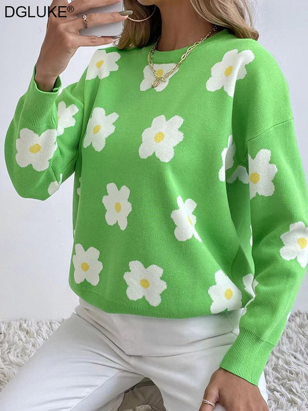 Zeleni cvjetni pleteni džemper ženski Fairycore pulover s O-izrezom Modni jesensko-zimski božićni džemper