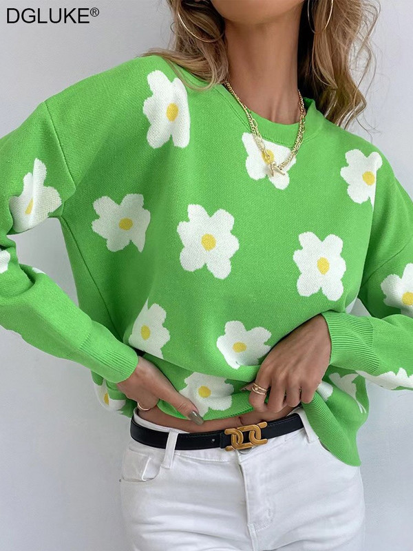 Zeleni cvjetni pleteni džemper ženski Fairycore pulover s O-izrezom Modni jesensko-zimski božićni džemper