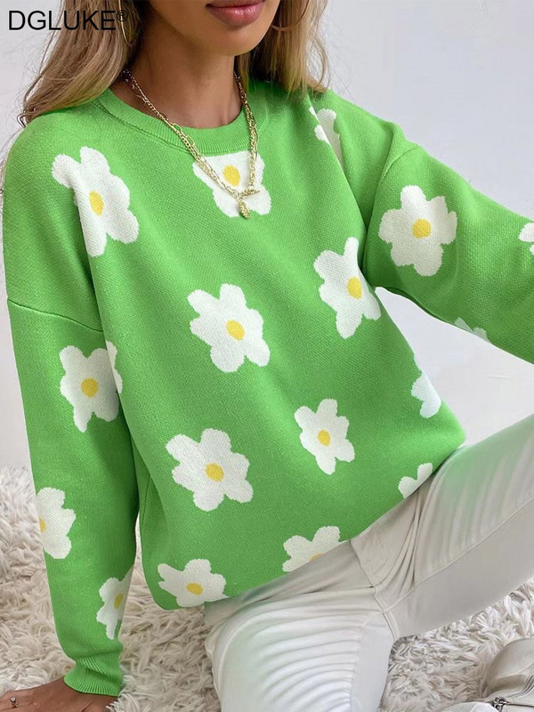 Zeleni cvjetni pleteni džemper ženski Fairycore pulover s O-izrezom Modni jesensko-zimski božićni džemper