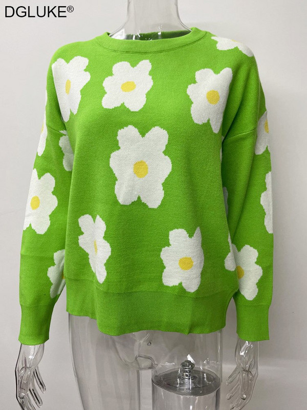 Zeleni cvjetni pleteni džemper ženski Fairycore pulover s O-izrezom Modni jesensko-zimski božićni džemper