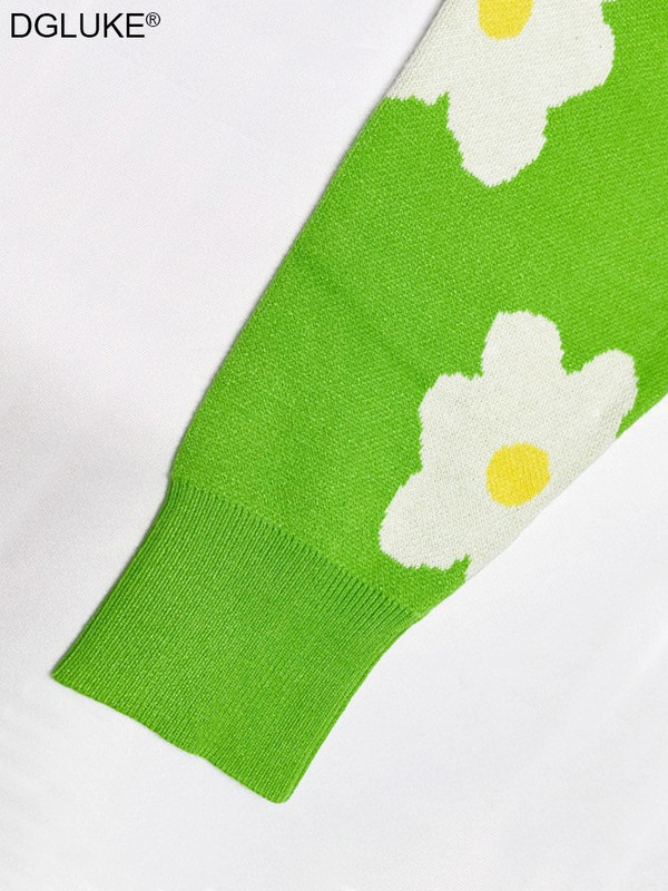 Zeleni cvjetni pleteni džemper ženski Fairycore pulover s O-izrezom Modni jesensko-zimski božićni džemper