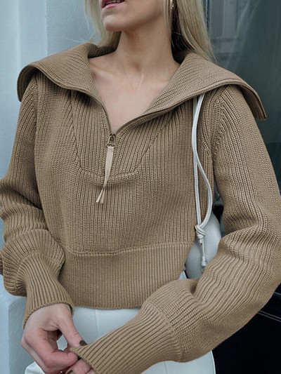 Kratki džemper s dolčevitom Ženski pleteni pulover Džemper Ženski polo ovratnik Top s dugim rukavima Ženski jednobojni modni džemper s patentnim zatvaračem