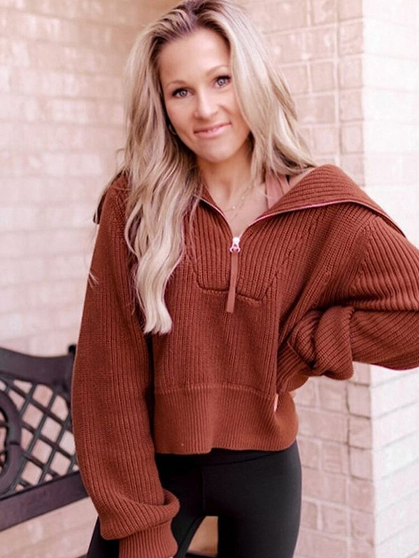 Kratki džemper s dolčevitom Ženski pleteni pulover Džemper Ženski polo ovratnik Top s dugim rukavima Ženski jednobojni modni džemper s patentnim zatvaračem