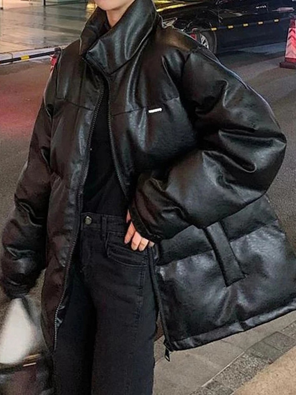 Aelegantmis Jakna od umjetne kože Ženska pufer parka crna svijetle boje Debela Koreja Zima Jesen Pu Puffer Preveliki kaput Ženska gornja odjeća