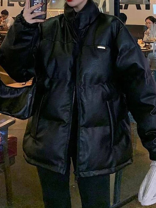 Aelegantmis Jakna od umjetne kože Ženska pufer parka crna svijetle boje Debela Koreja Zima Jesen Pu Puffer Preveliki kaput Ženska gornja odjeća