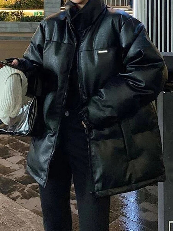 Aelegantmis Jakna od umjetne kože Ženska pufer parka crna svijetle boje Debela Koreja Zima Jesen Pu Puffer Preveliki kaput Ženska gornja odjeća