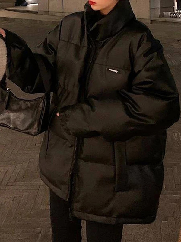 Aelegantmis Jakna od umjetne kože Ženska pufer parka crna svijetle boje Debela Koreja Zima Jesen Pu Puffer Preveliki kaput Ženska gornja odjeća