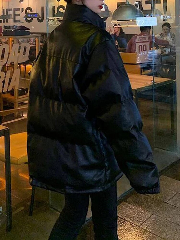 Aelegantmis Jakna od umjetne kože Ženska pufer parka crna svijetle boje Debela Koreja Zima Jesen Pu Puffer Preveliki kaput Ženska gornja odjeća