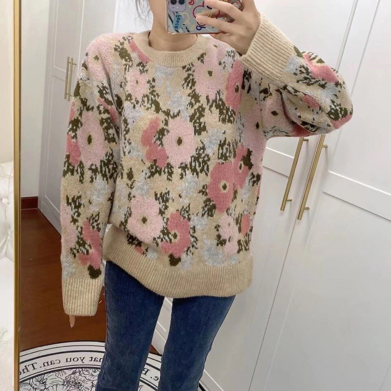 2021 Νέο Γυναικείο Πλεκτό Πλεκτό Πουλόβερ με λουλούδια Ευρωπαϊκό και Αμερικάνικο καλοκαιρινό γυναικείο φαρδύ πουλόβερ με λουλούδια ζακάρ