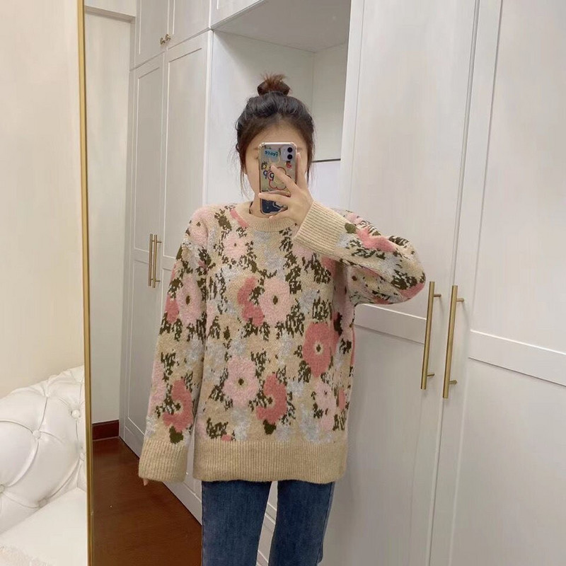 2021 Νέο Γυναικείο Πλεκτό Πλεκτό Πουλόβερ με λουλούδια Ευρωπαϊκό και Αμερικάνικο καλοκαιρινό γυναικείο φαρδύ πουλόβερ με λουλούδια ζακάρ