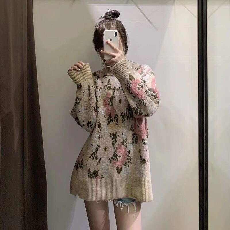2021 Νέο Γυναικείο Πλεκτό Πλεκτό Πουλόβερ με λουλούδια Ευρωπαϊκό και Αμερικάνικο καλοκαιρινό γυναικείο φαρδύ πουλόβερ με λουλούδια ζακάρ