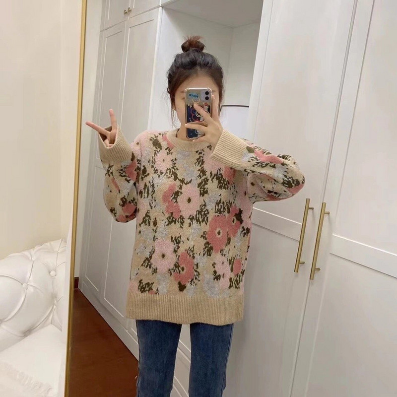 2021 Νέο Γυναικείο Πλεκτό Πλεκτό Πουλόβερ με λουλούδια Ευρωπαϊκό και Αμερικάνικο καλοκαιρινό γυναικείο φαρδύ πουλόβερ με λουλούδια ζακάρ