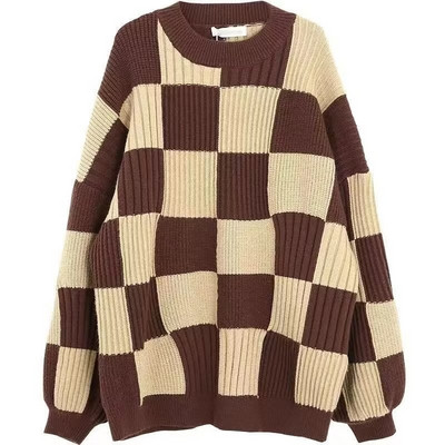 Circyy Karirani džemperi za žene Crno-bijeli šahovski puloveri s O-izrezom Pleteni široki patchwork Jesen Zima Topli dugi rukavi