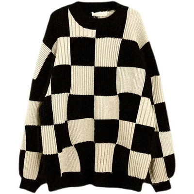 Circyy Karirani džemperi za žene Crno-bijeli šahovski puloveri s O-izrezom Pleteni široki patchwork Jesen Zima Topli dugi rukavi