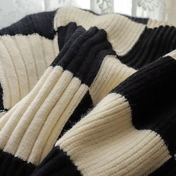 Circyy Karirani džemperi za žene Crno-bijeli šahovski puloveri s O-izrezom Pleteni široki patchwork Jesen Zima Topli dugi rukavi