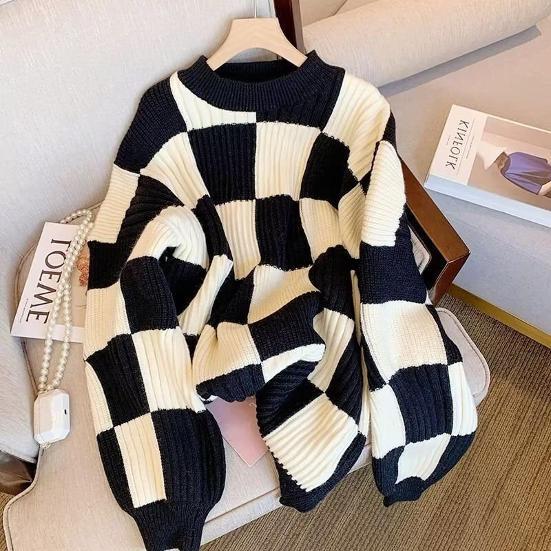 Circyy Karirani džemperi za žene Crno-bijeli šahovski puloveri s O-izrezom Pleteni široki patchwork Jesen Zima Topli dugi rukavi
