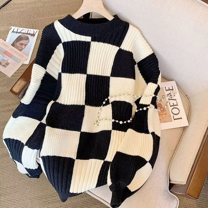 Circyy Karirani džemperi za žene Crno-bijeli šahovski puloveri s O-izrezom Pleteni široki patchwork Jesen Zima Topli dugi rukavi