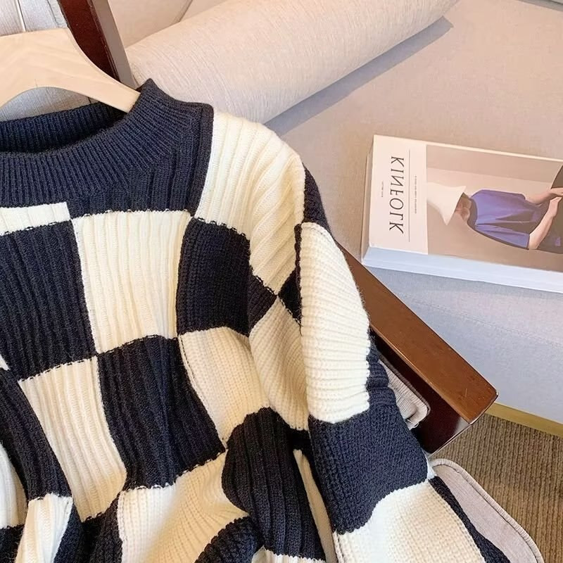 Circyy Karirani džemperi za žene Crno-bijeli šahovski puloveri s O-izrezom Pleteni široki patchwork Jesen Zima Topli dugi rukavi