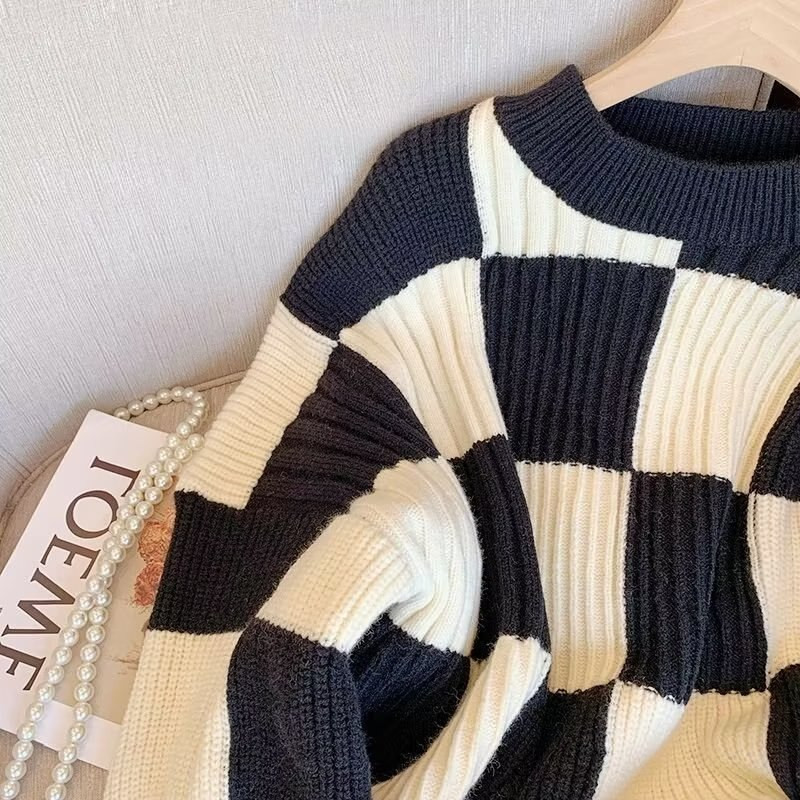 Circyy Karirani džemperi za žene Crno-bijeli šahovski puloveri s O-izrezom Pleteni široki patchwork Jesen Zima Topli dugi rukavi