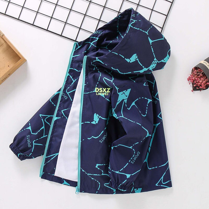 Tavasz 4-14 éves fiúk dzsekik új gyerekkabátok felsők szabálytalan mintás kabátok ruhák gyerek kapucnis felsőruházat sport szélálló széldzseki