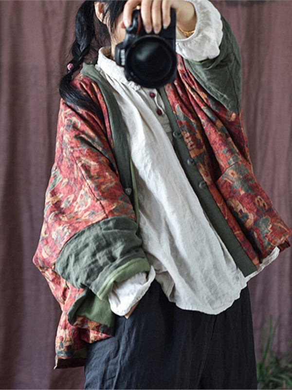 Johnature ženske vintage lanene parke s V-izrezom s cvjetnim uzorkom i patchwork gumbima Kaputi 2022. Nove zimske tople ženske parke u kineskom stilu