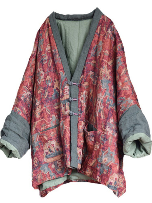 Johnature ženske vintage lanene parke s V-izrezom s cvjetnim uzorkom i patchwork gumbima Kaputi 2022. Nove zimske tople ženske parke u kineskom stilu