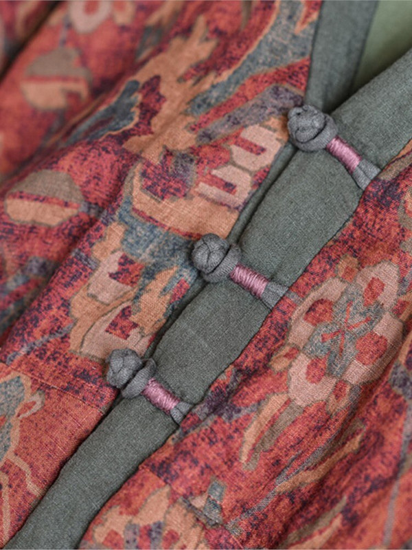 Johnature ženske vintage lanene parke s V-izrezom s cvjetnim uzorkom i patchwork gumbima Kaputi 2022. Nove zimske tople ženske parke u kineskom stilu