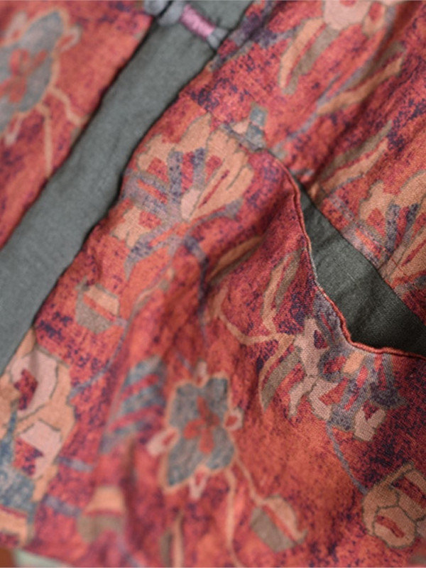 Johnature ženske vintage lanene parke s V-izrezom s cvjetnim uzorkom i patchwork gumbima Kaputi 2022. Nove zimske tople ženske parke u kineskom stilu