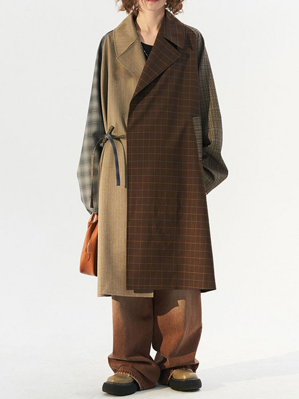 DEAT Modni ženski trenč kaput na rever široke karirane patchwork ugovorne boje na vezanje Kratka vjetrovka jesen 2022. Novo 17A4341