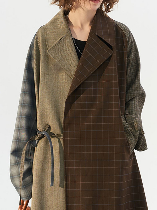 DEAT Modni ženski trenč kaput na rever široke karirane patchwork ugovorne boje na vezanje Kratka vjetrovka jesen 2022. Novo 17A4341