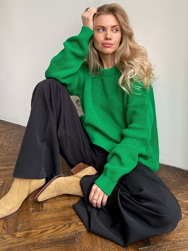 Πράσινα υπερμεγέθη πουλόβερ Γυναικεία μόδα 2022 Μονόχρωμο Χαλαρό πουλόβερ Casual Φθινοπωρινά πουλόβερ Χειμερινό vintage πλεκτό Ζεστό πουλόβερ