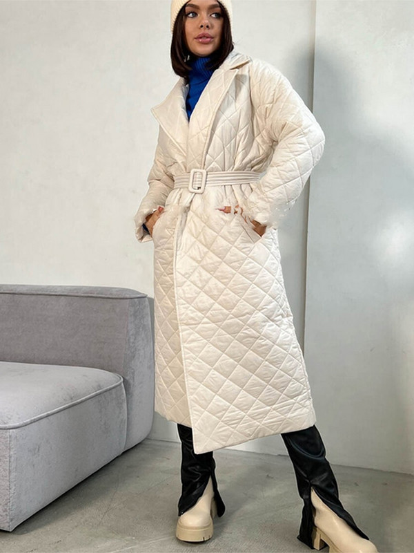 Γυναικείο παλτό χειμωνιάτικο με επένδυση πάνω από το γόνατο 2022 Νέο γυναικείο τζάκετ Parkas ζωνισμένο Space Βαμβακερό διαμάντι καρό μπουφάν με επένδυση