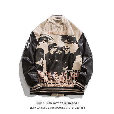 Moto Ανδρικό δερμάτινο μπουφάν Biker Oversize Windbreaker Pu Motorcycle Bomber Jacket Γυναικείο Vintage Portait 1968 New Born Embroid