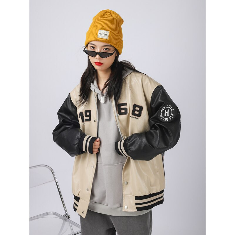 Moto Ανδρικό δερμάτινο μπουφάν Biker Oversize Windbreaker Pu Motorcycle Bomber Jacket Γυναικείο Vintage Portait 1968 New Born Embroid