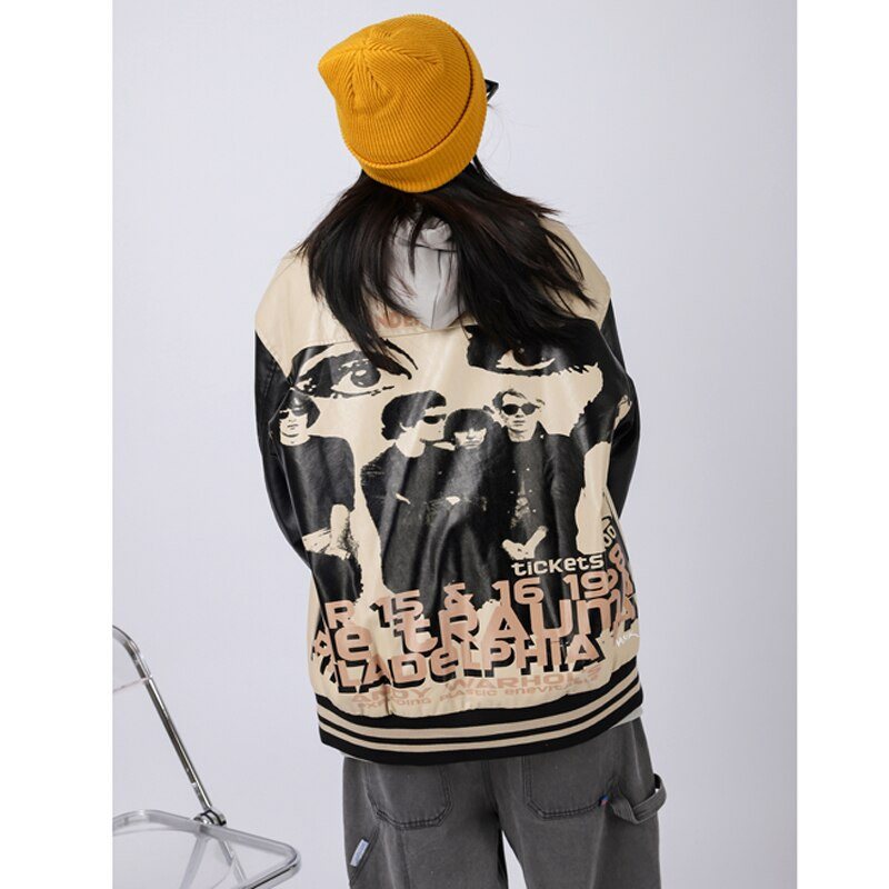 Moto Ανδρικό δερμάτινο μπουφάν Biker Oversize Windbreaker Pu Motorcycle Bomber Jacket Γυναικείο Vintage Portait 1968 New Born Embroid