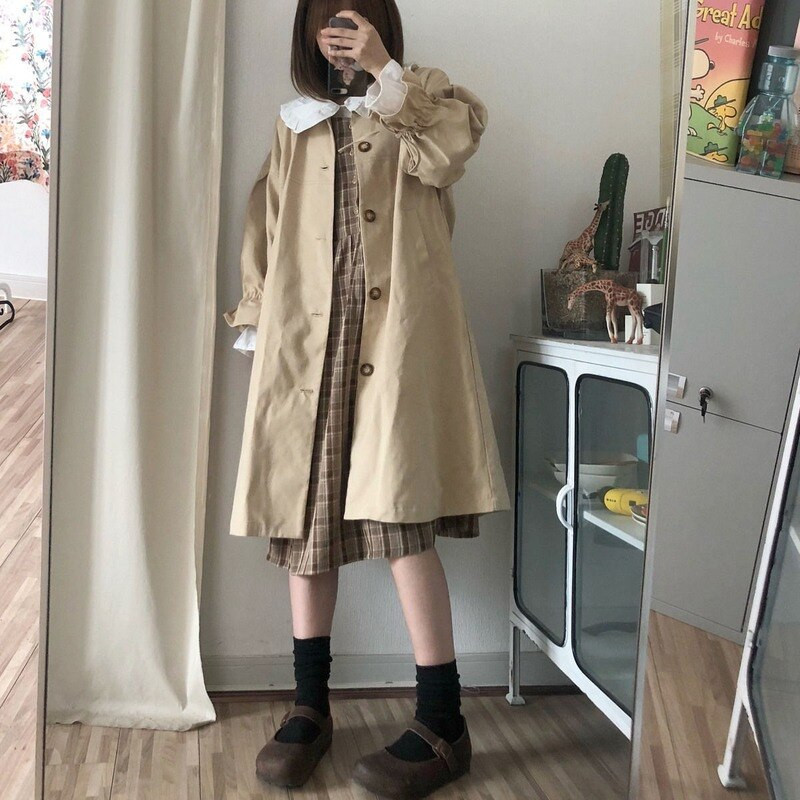 Trench Žene Harajuku Streetwear Jednostavna jednobojna slatka japanska univerzalna ležerna vjetrovka Klasični elegantni stil Teen Girls Opuštene