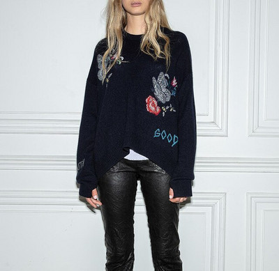 100% kašemre Ženski pulover s leptirovim cvjetnim vezom i dugim rukavima s o-izrezom, modni ženski puloveri od pletiva 2022. novo