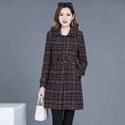 JAUNS Rudens Ziemas Vilnas Mētelis Sieviešu Režģis Mēteļi Sieviešu Apģērbi 5XL Gari Virsdrēbes Ikdienas Vilnas Mujer Mēteļi Casaco Fem