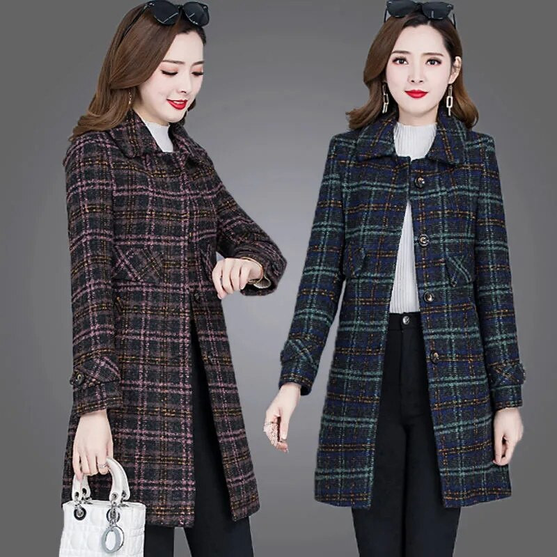 JAUNS Rudens Ziemas Vilnas Mētelis Sieviešu Režģis Mēteļi Sieviešu Apģērbi 5XL Gari Virsdrēbes Ikdienas Vilnas Mujer Mēteļi Casaco Fem