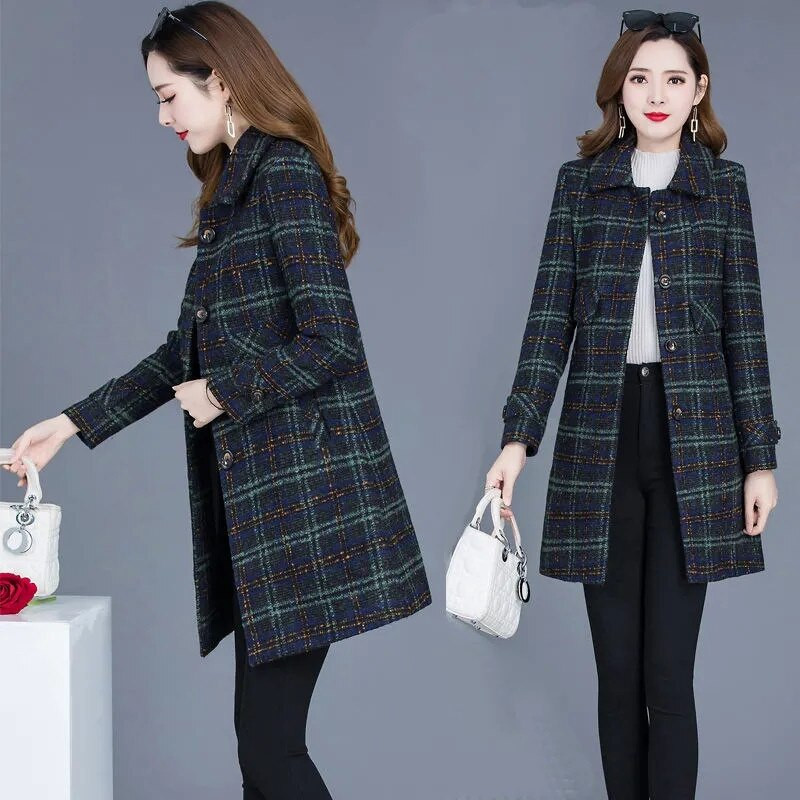 JAUNS Rudens Ziemas Vilnas Mētelis Sieviešu Režģis Mēteļi Sieviešu Apģērbi 5XL Gari Virsdrēbes Ikdienas Vilnas Mujer Mēteļi Casaco Fem