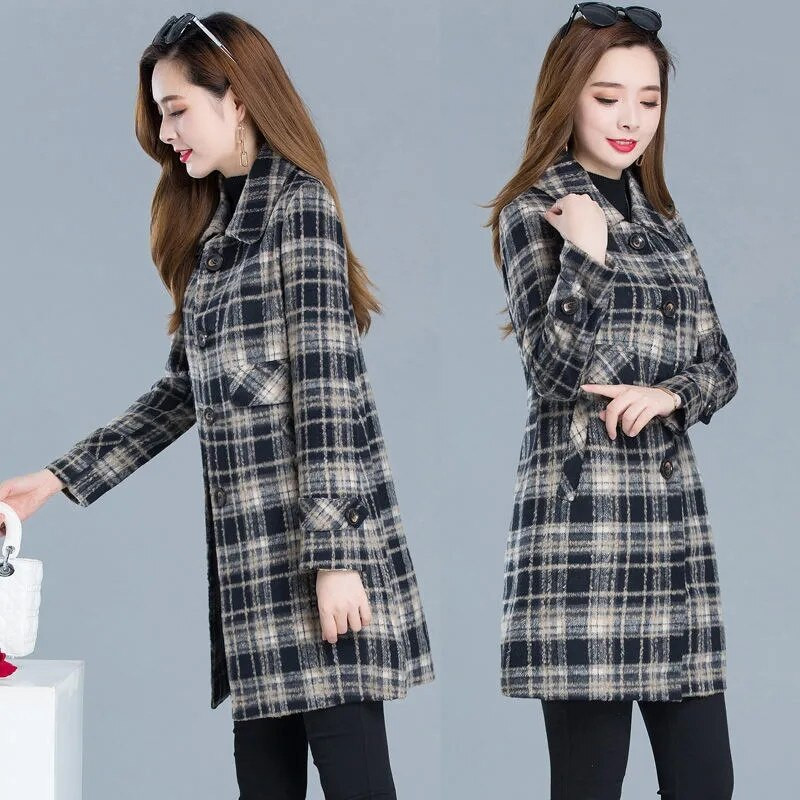 JAUNS Rudens Ziemas Vilnas Mētelis Sieviešu Režģis Mēteļi Sieviešu Apģērbi 5XL Gari Virsdrēbes Ikdienas Vilnas Mujer Mēteļi Casaco Fem